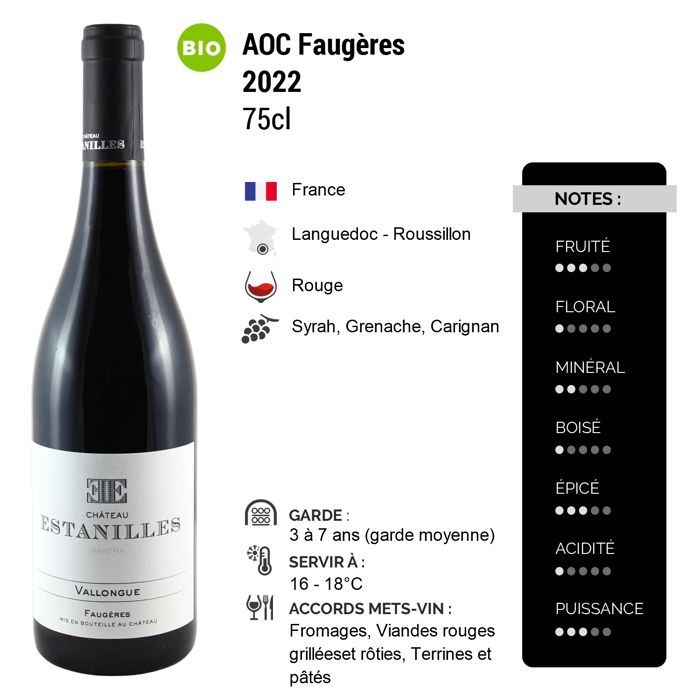 Château des Estanilles Faugères Vallongue 2022 - Vin Rouge du Languedoc - Roussillon (6x75cl) BIO.