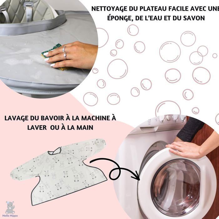 Hello Hippo® Kit 2 bavoirs et plateau de diversification imperméables gris à motif pour chaise haute bébé - Bavoirs + plateau