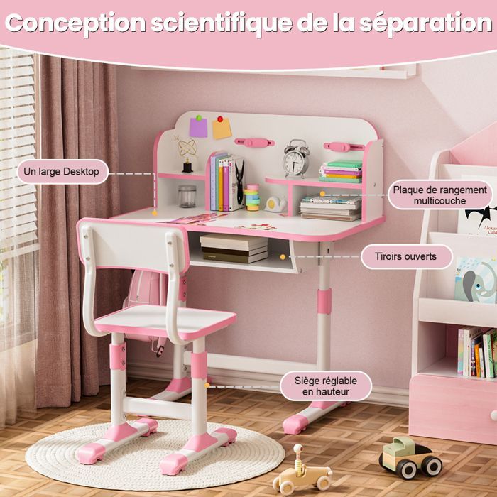 Desk and chair set - Children's desk with chair - Multifunctional - Height adjustable - Cartoon pattern - Pink