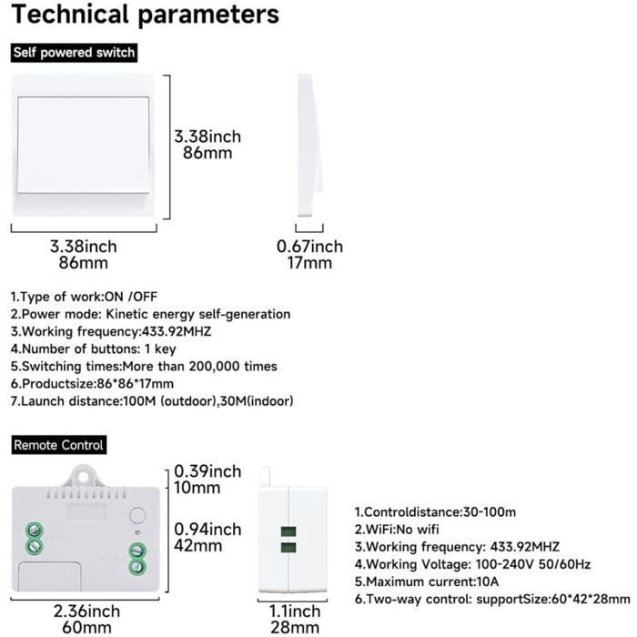 Interruptor inalámbrico europeo, sin pilas, paquete de 2, kit de interruptor inalámbrico autoalimentado, interruptor bidireccional, interruptor de control remoto para el hogar.