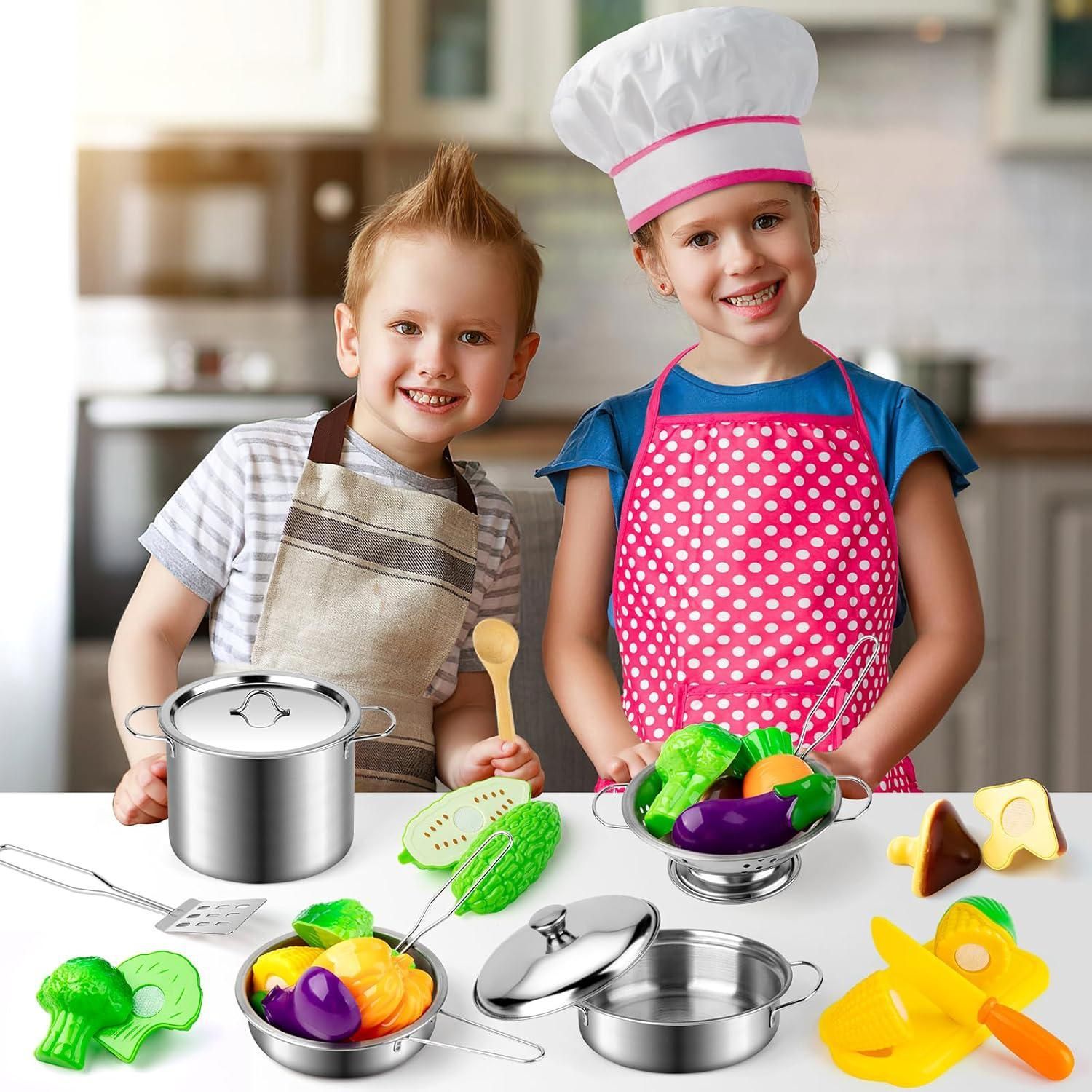 Accesorios de cocina para niños, juego de rol de chef, utensilios de cocina de juguete con ollas y sartenes de acero inoxidable.