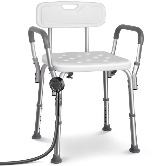 VOUNOT® Chaise de douche avec dossier et accoudoirs - Hauteur réglable - Pieds antidérapants - Siège en Aluminum HDPE - Blanc