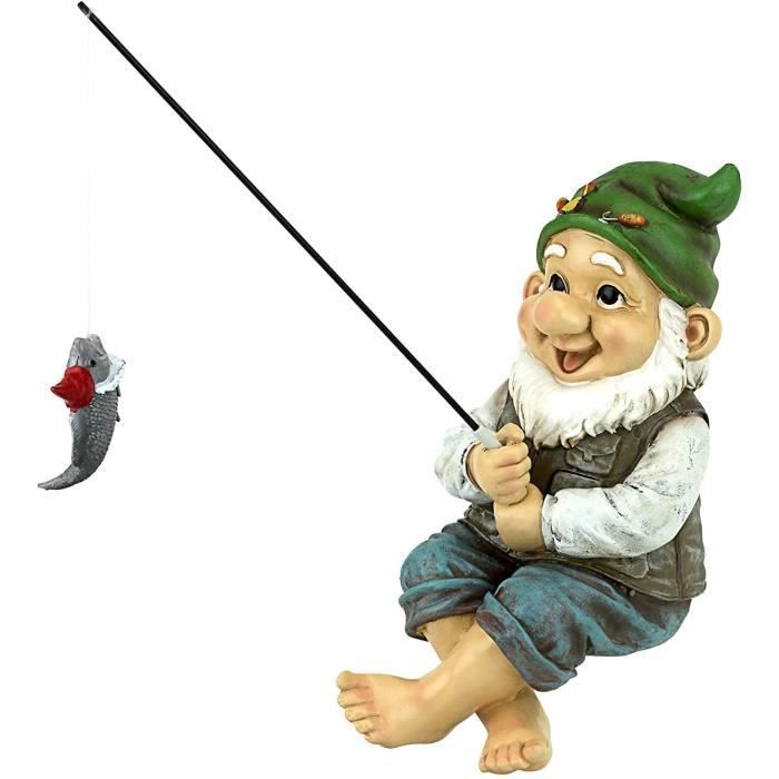 Garden Gnome Ornament, Humorous Garden Gnome with Fishing Rod, Outdoor Garden Statue, Garden Sculptures and Statues