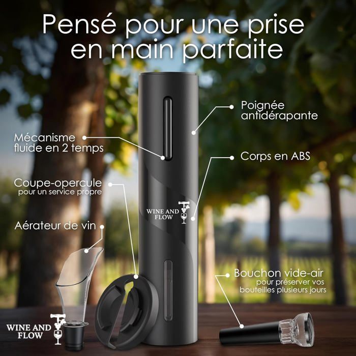 Tire bouchon electrique à piles 4 en 1 Wine and Flow – Idee cadeau homme amateur de vin – Coffret cadeau Ouvre Bouteille Electrique