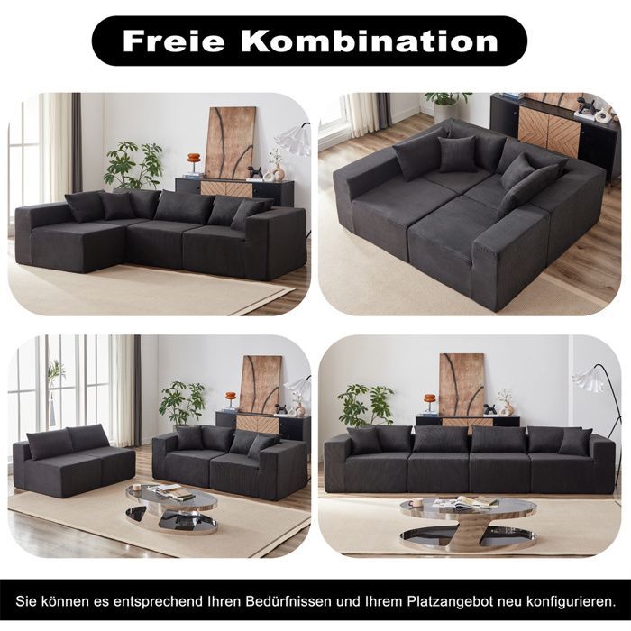 DRIPEX Canapé modulable 4 places en velours côtelé 335CM,Canapé compressé rembourré avec 4 coussins,combinaison libre,Noir
