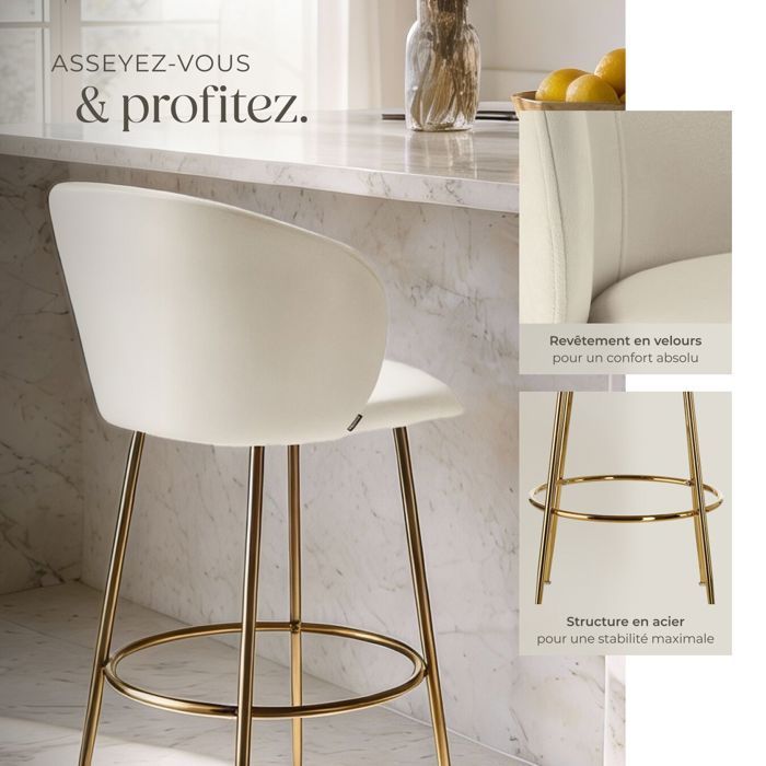Bar stool - TECTAKE - Set of 2 LUANA velvet-look stools and footrest 51 x 60 x 106 cm - Cream/Gold