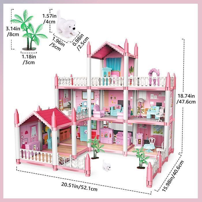 Dollhouse - 4 Floors, 11 Rooms, Pink Building Set, Dollhouse Accessories and Furniture, Gift for