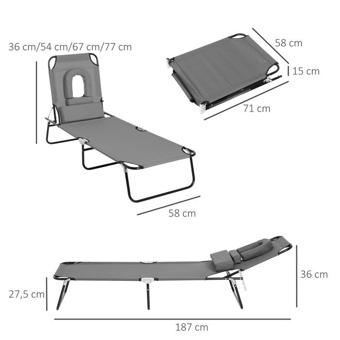 Tumbona plegable Outsunny, reclinable en 4 posiciones, silla de lectura, incluye 3 cojines, color gris.