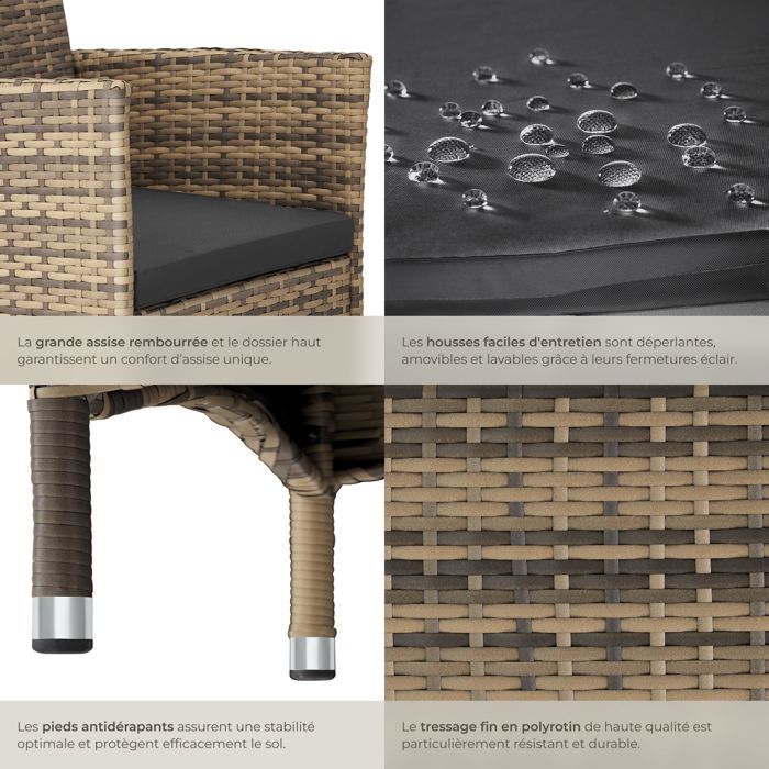 Sedie da giardino - TECTAKE - Set di 2 sedie da giardino in rattan NANTES, set di 2 fodere incluse - Marrone naturale/Grigio scuro