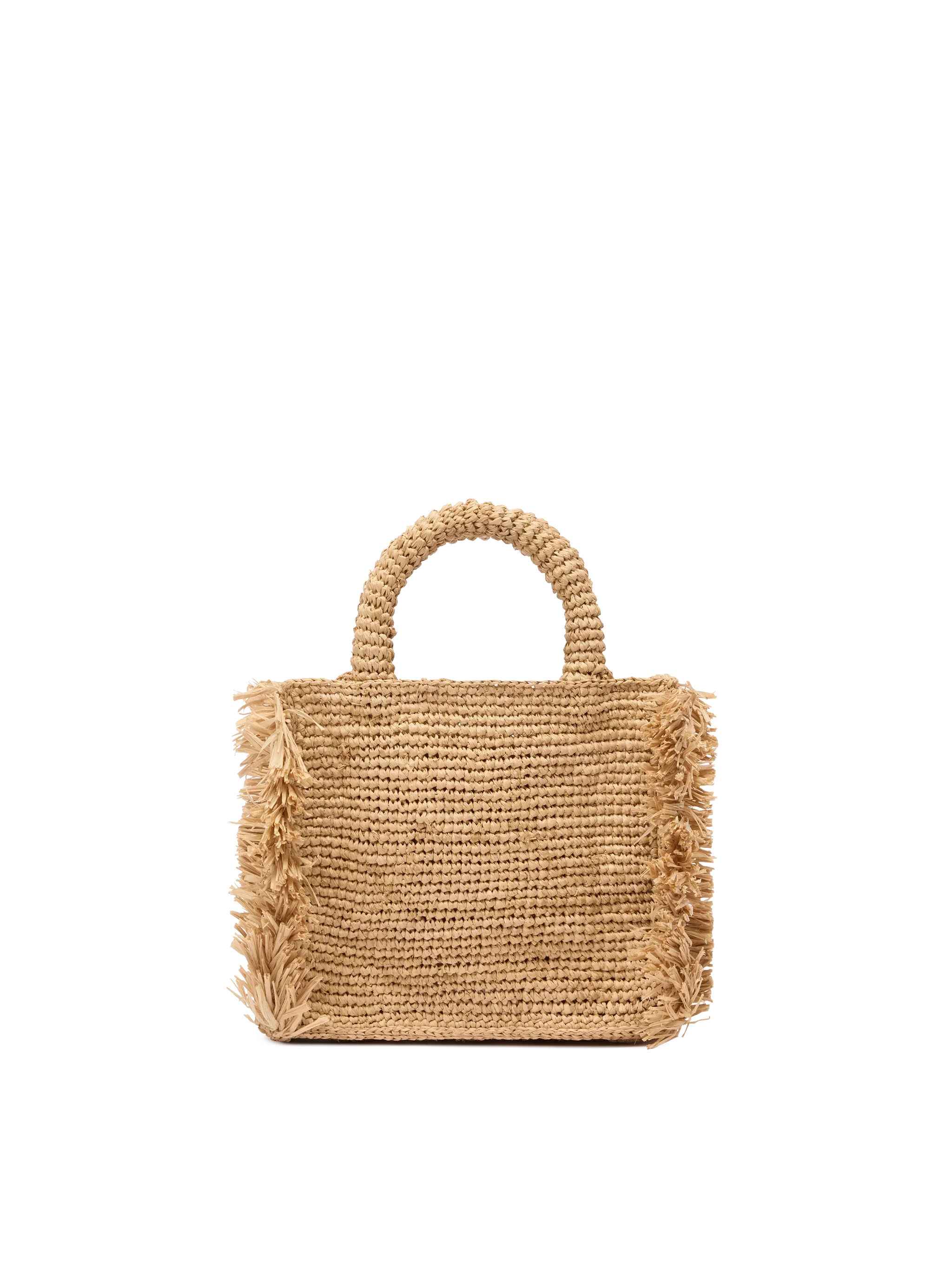 Mini toilettasje van raffia met franjes en borduurwerk in Saint Barth-stijl.