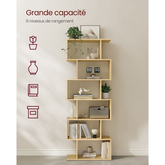 Estantería de 6 niveles, armario de almacenamiento, separador de ambientes, para salón, dormitorio u oficina, color roble natural.