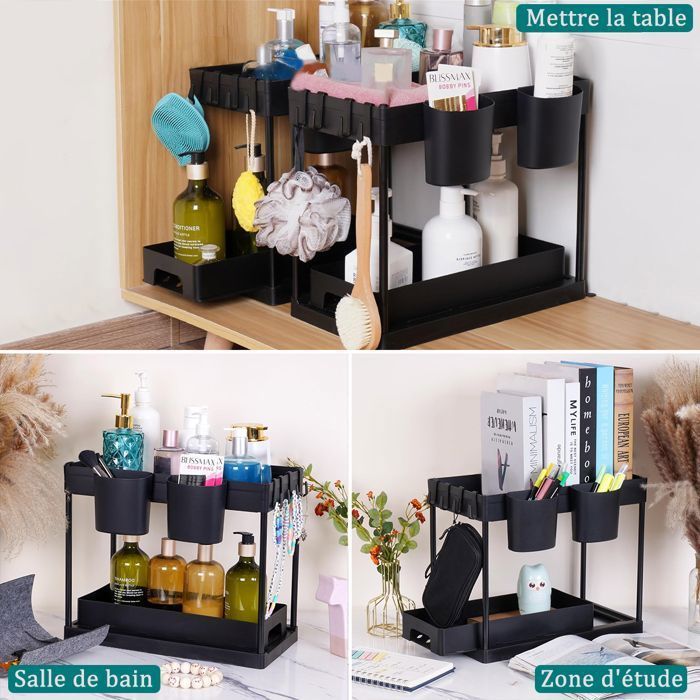Lot de 2 Meuble Sous Evier-Organisateur sous Evier Tiroir Coulissant à Extraction - Rangement Et Organisation De Cuisine,Noir