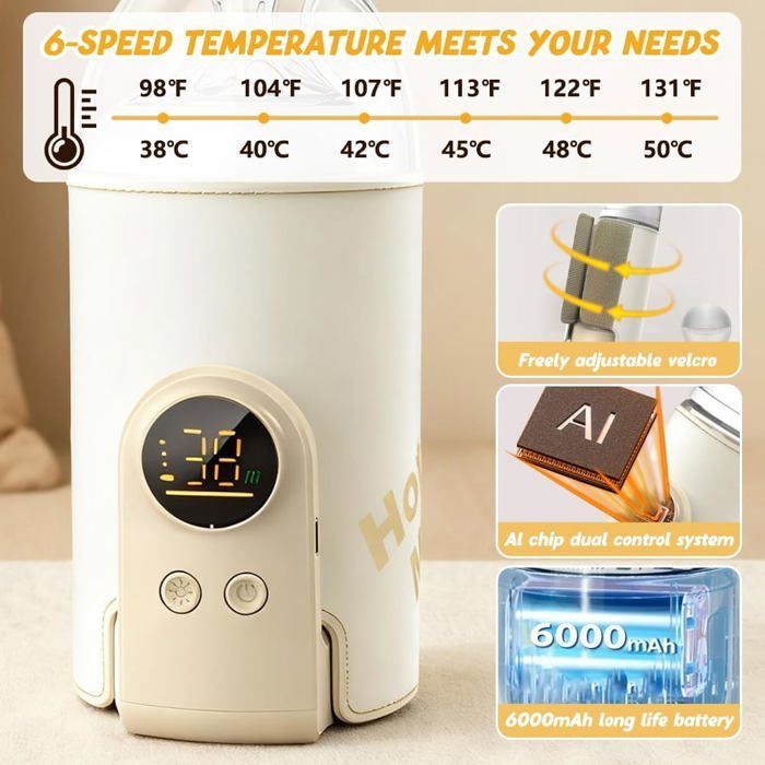 Chauffe-biberon portable avec écran LCD – 6 niveaux, 8000 mAh, USB sans fil pour maison, extérieur, voyage .