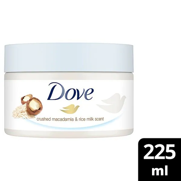 Dove Körperpeeling mit zerkleinerter Macadamia- und Reismilch, 225 ml