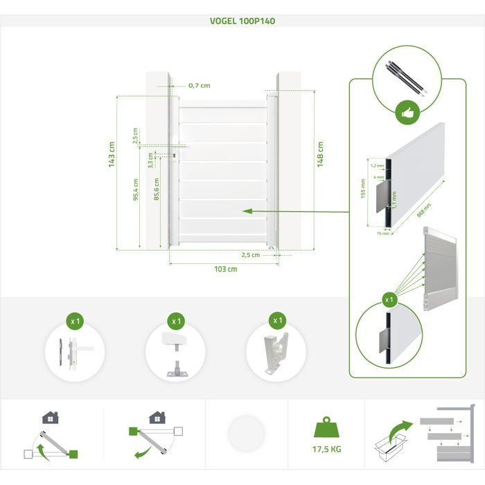 Lot portail battant et portillon - Casanoov - VOGEL - 3m H.143cm / Portillon 1m H.143cm - Blanc - Aluminium