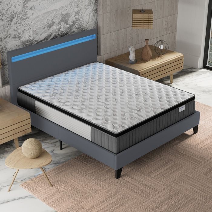 Colchón y cama (140x200cm) - Elekctra 30cm Muelles ensacados y espuma viscoelástica + Base de láminas estable y cabecero con iluminación LED Gris