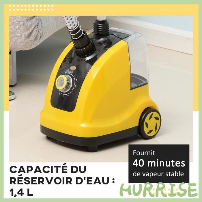 Vaporiera verticale per indumenti Cocosity, serbatoio dell'acqua da 1,4 litri, potenza 1950 W, emissione di vapore 32 g/min, asta telescopica, giallo/nero.
