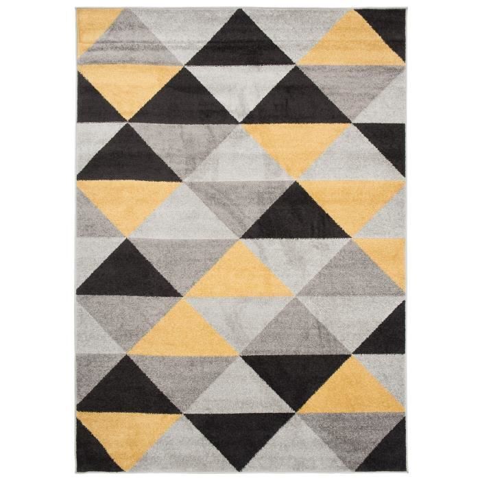 TAPISO Living Room Rug, Low Pile, LAZUR Black, Yellow, Grey Triangles, Polypropylene, Indoor, 180x260 cm