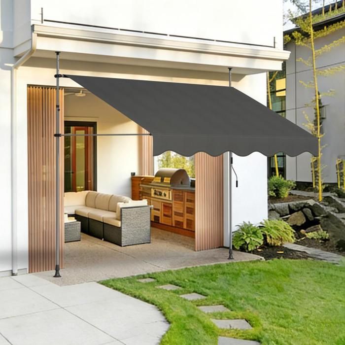 SUPFINE Manual Retractable Awning, No Drilling Required, Adjustable Height, for Patio, Garden, Shop, 2.5M Black