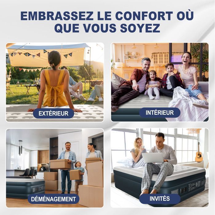 Colchón hinchable para 2 personas, con bomba eléctrica integrada y superficie aterciopelada suave, ideal para camping y hogar, 203 x 153 x 45 cm, color blanco.