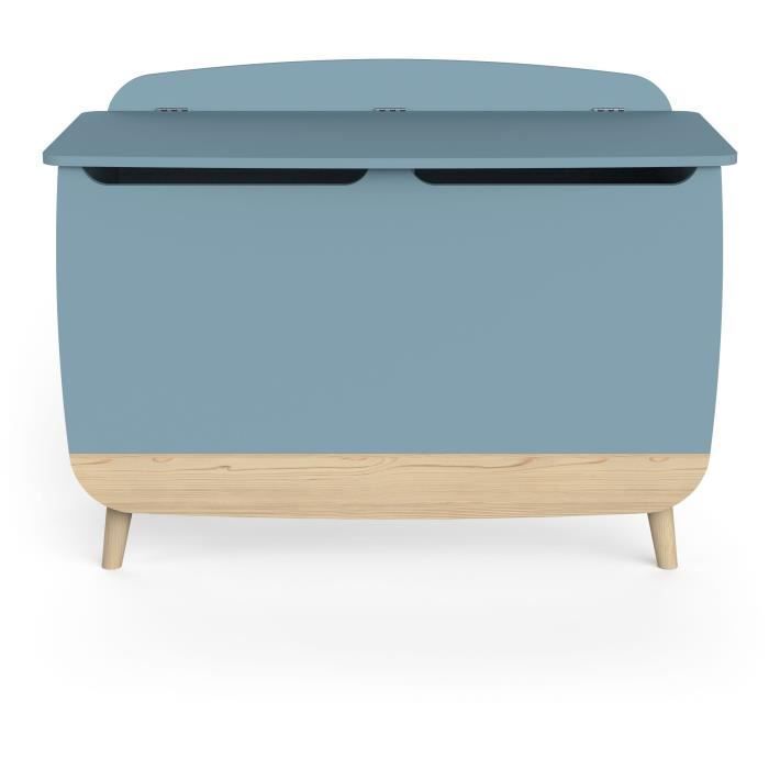 Baúl de juguetes - FIRMIANA - Estilo escandinavo - Azul tormenta y madera natural - 82,4 x 39,1 x 58,9 cm - DEMEYERE