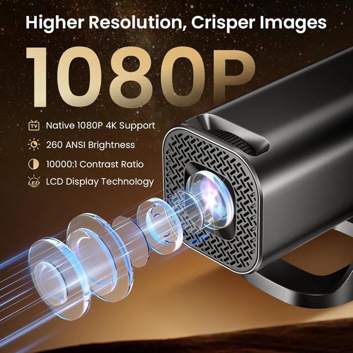 Mini-Projektor, tragbarer Videoprojektor, 1080P 4K, Wi-Fi 6, Bluetooth 5.4, 270°-Drehung, automatische Trapezkorrektur [XV68]