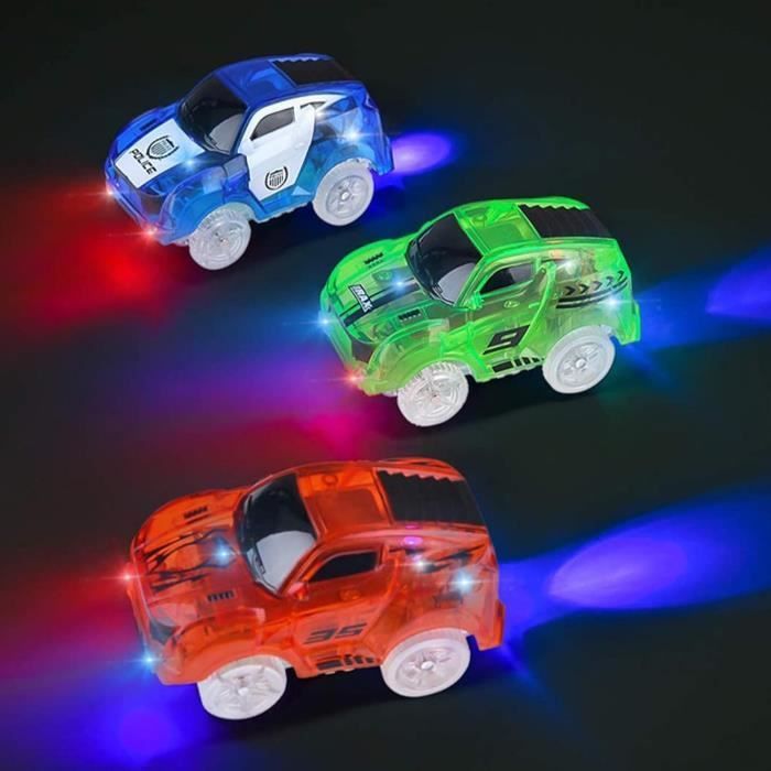 Rennbahn, Kinder-Autobahn, 3er-Pack (rotes und grünes Rennauto, blaues Polizeiauto) mit 5 Lichtern