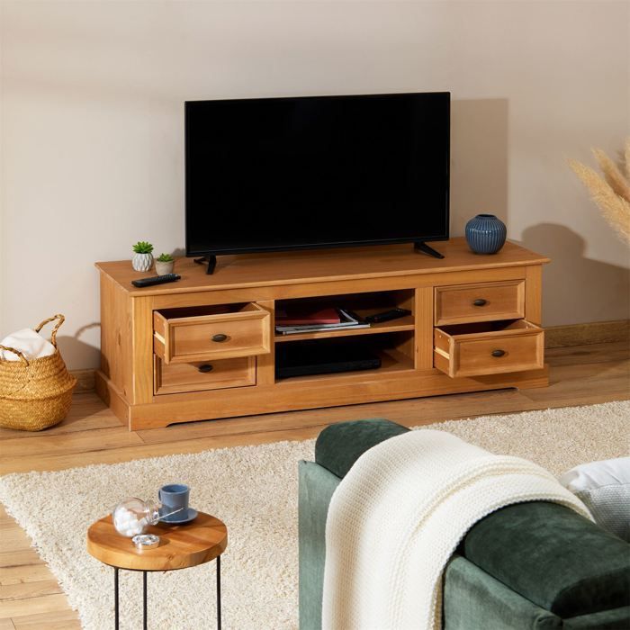 KENT tv-meubel, massief grenen tv-bank met gewaxte afwerking, 144 x 46 x 45 cm, met 4 lades en 2 planken.