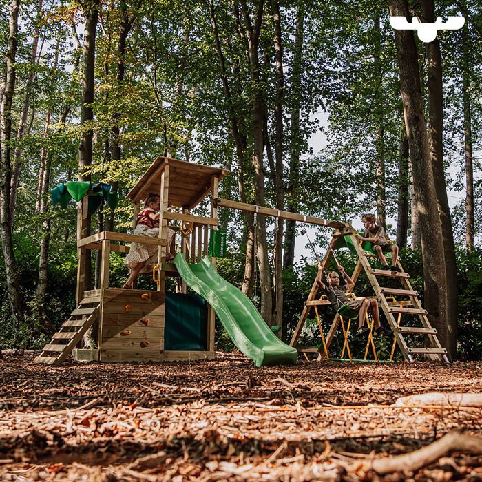 Aire de jeux en bois FruityForest avec balançoire et toboggan vert pomme