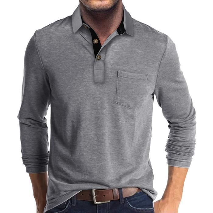 Polo de manga larga para hombre con bolsillo, tallas grandes, color liso, primavera y otoño - Talla europea - Gris claro