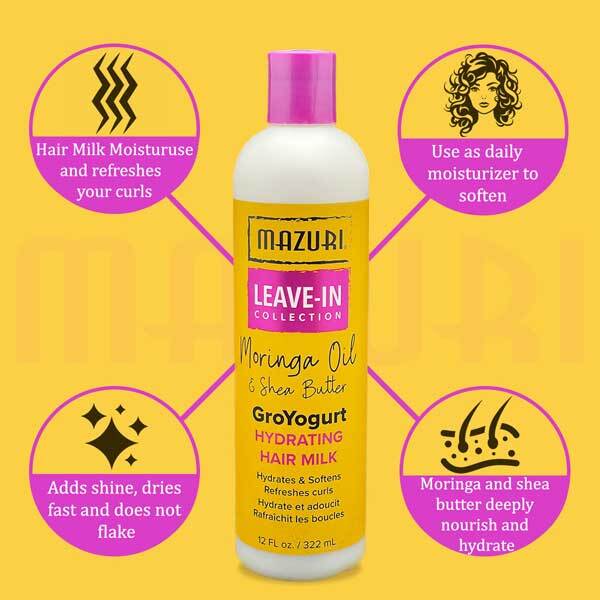 Leche hidratante para el cabello Groyogurt de la colección sin enjuague de Mazuri