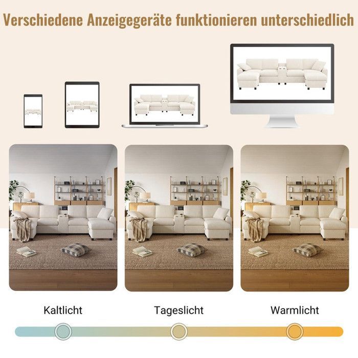 Canapé en U -CDISPLAY -Beige-Canapé en velours côtelé avec 2 repose-pieds et ports Type-C