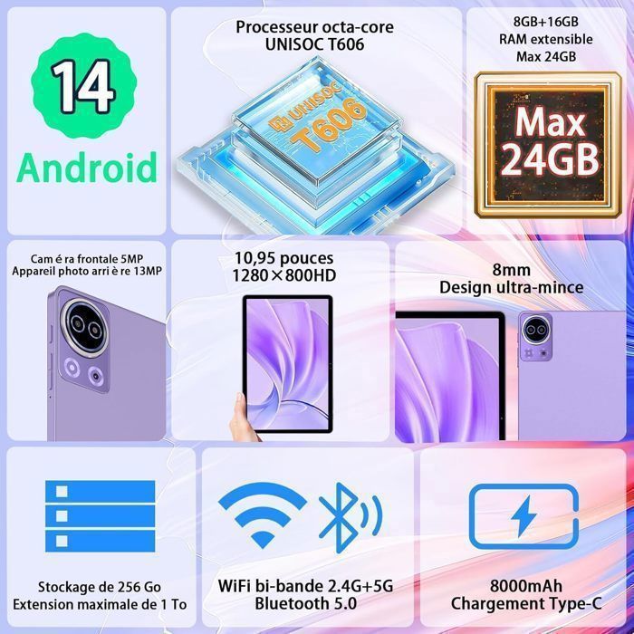 Tablet SKYEGG da 11 pollici - 24 GB di RAM, 256 GB di memoria interna - Android 14 - Widevine L1 | Netflix HD - Batteria da 8000 mAh - Doppia fotocamera da 5 MP + 13 MP - Wi-Fi 5G - Viola