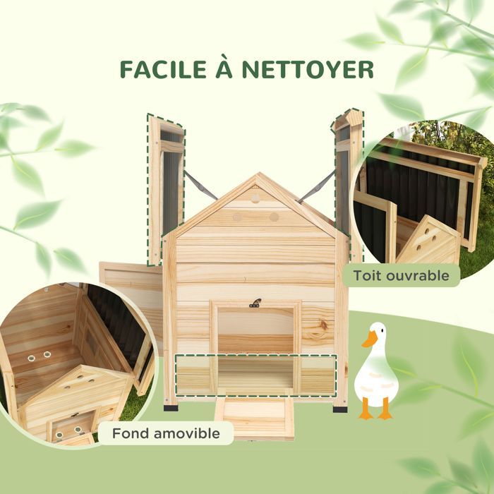 Poulailler pour canards - PawHut - toit ouvrant, double porte et trous de ventilation - bois - 78x90x92cm - effet bois naturel