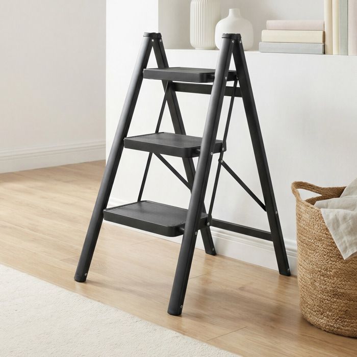 Escalera plegable de 3 peldaños, carga máxima 150 kg, para el hogar y la oficina, color negro.