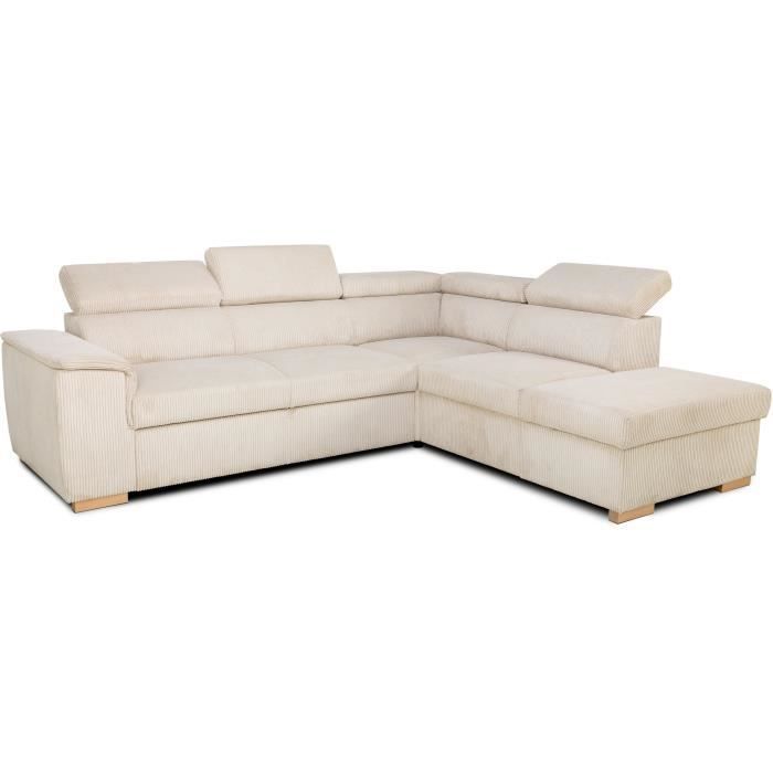 Sofá cama esquinero reversible DAYTONA de 5 plazas - Pana beige - Compartimento de almacenamiento - Ancho 260 x Alto 94 x Profundidad 216 cm