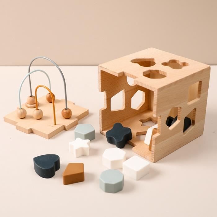Cube d'activité - Montessori - Silicone et bois - Éducation précoce - Tri de formes - Mixte