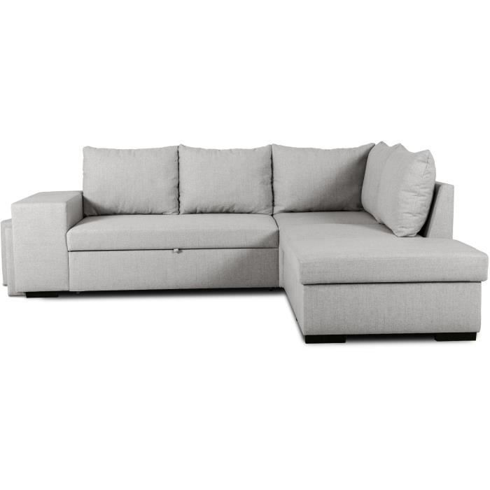 Canapé d'angle convertible réversible 4 places MITCHELL - Tissu Gris - L 247 x P 91 x H 205 cm - Coffre de rangement