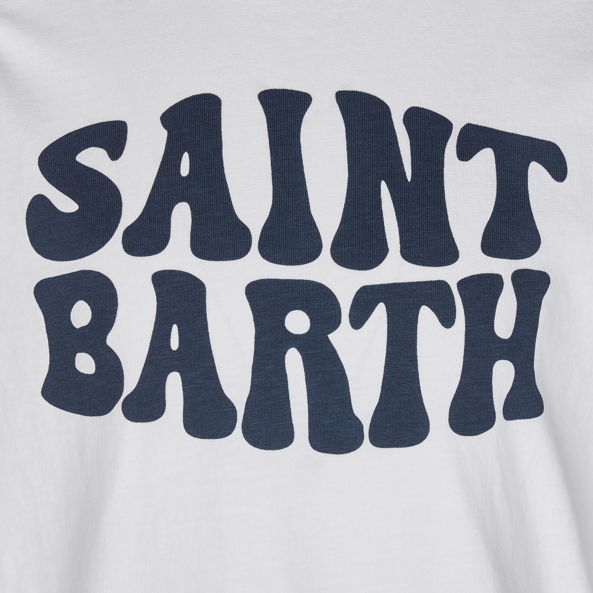 Wit katoenen T-shirt voor jongens met blauwe Groovy Saint Barth-print.