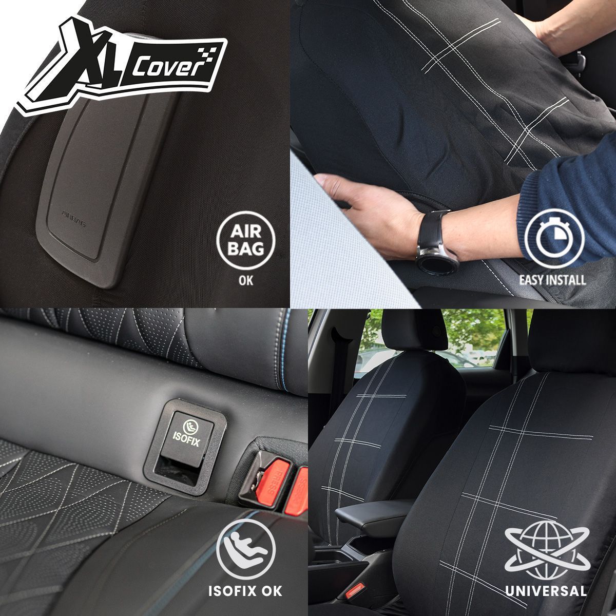 Conjunto de 2 capas para bancos dianteiros de carro - XLCOVER - Compatíveis com airbag - Pretas - Capas para bancos e encostos de cabeça
