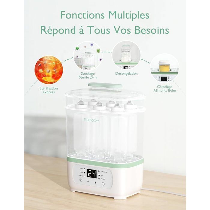 Momcozy 2-in-1 sterilizer-dryer, compact multifunction for baby bottles and breast pump.