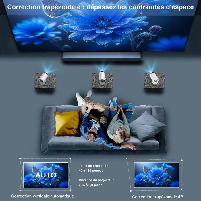 Proyector de vídeo - Miniproyector - 1280*720p, 150 ANSI, rotación de 180°, 40-130 pulgadas, WiFi 6, BT5.0, corrección trapezoidal