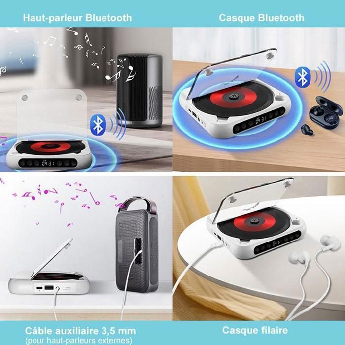 Reproductor de CD - Bluetooth, batería de 2000 mAh - Ultradelgado y ligero - HiFi compatible con CD y puerto USB AUX de 3,5 mm - Ideal para deportes - Negro