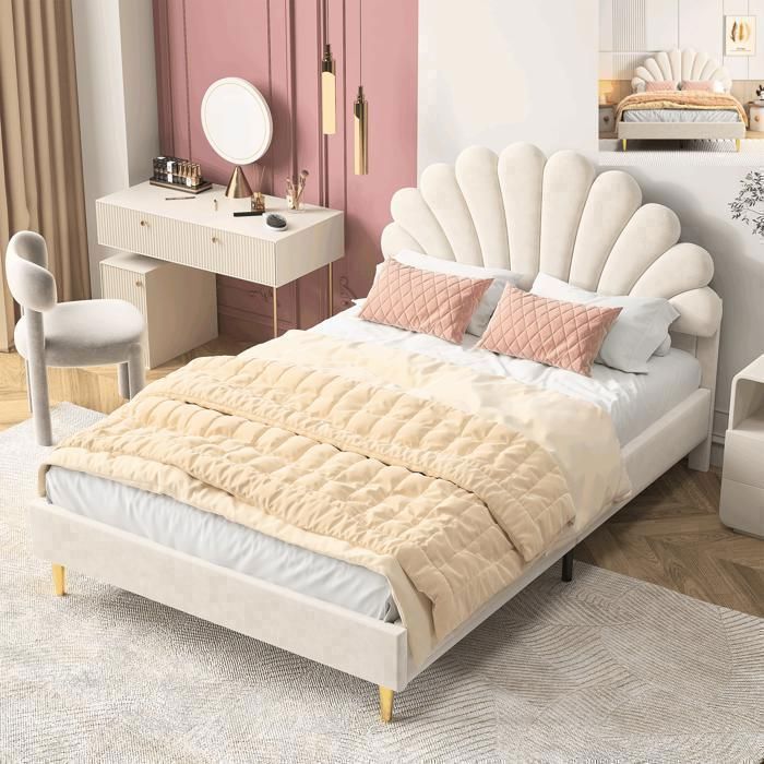 Tweepersoonsbed 140x190 cm - SUNFECILI - Beige - Massief MDF - Fluweelstof - 250 kg