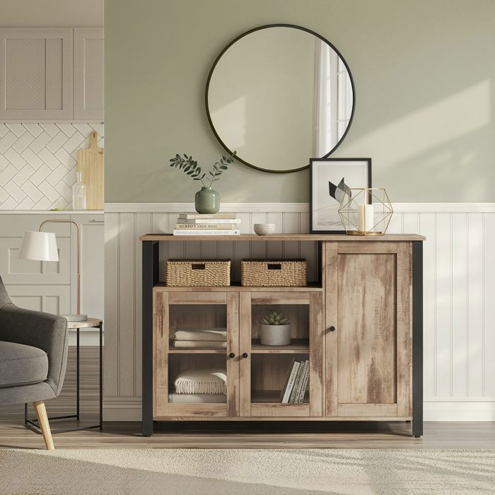 Mueble de almacenamiento con 3 puertas, 33 x 110 x 75 cm, estilo rústico, marrón y negro.