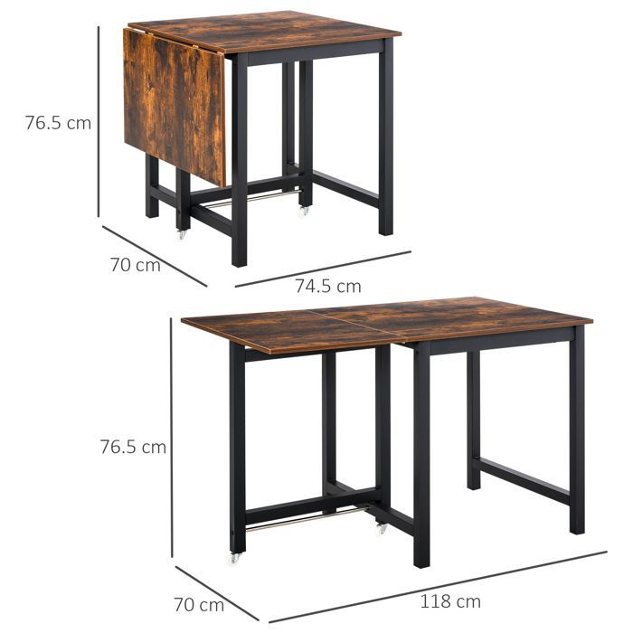 Tavolo da pranzo allungabile, tavolo da cucina pieghevole con ruote, tavolo pieghevole in metallo, per cucina, 118 x 70 x 76,5 cm, marrone