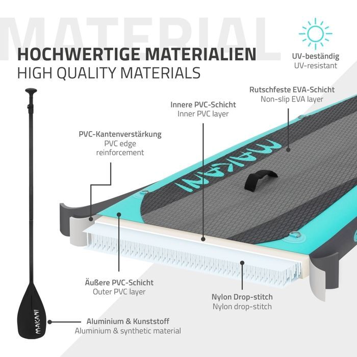 Tavola da Stand Up Paddle gonfiabile Makani di ECD Germany | 320 x 82 x 15 cm | fino a 150 kg | PVC | Turchese