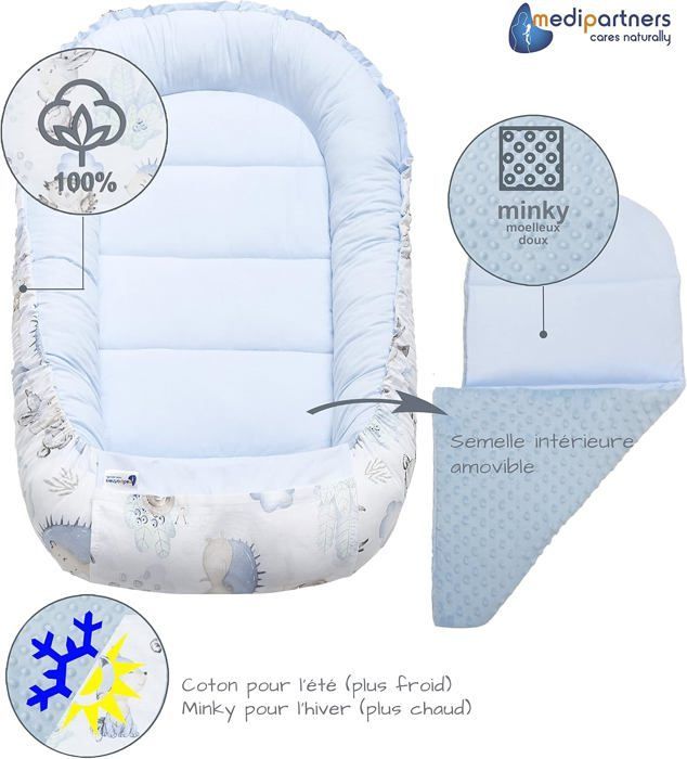 Medi Partners Baby Bed Reducer, 100% Cotton, Newborn Baby Nest with Removable Insert, 100x60x15 cm, Deer and Hedgehog Design, Light Blue