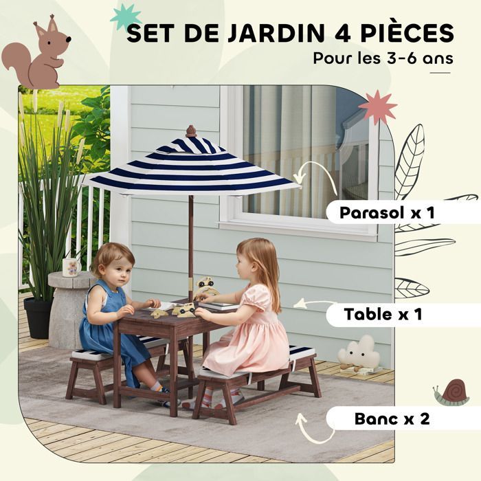 Conjunto de muebles de jardín infantiles para exteriores - AIYAPLAY - cojines y sombrilla desmontable - rayas azul marino y blancas