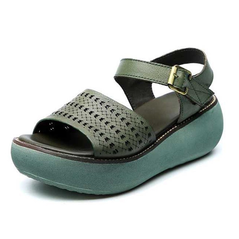 Retro Women Sandals Genuine Leather New Hollow Platform Casual Muffin Bottom Open Toe Roman Sandals Women